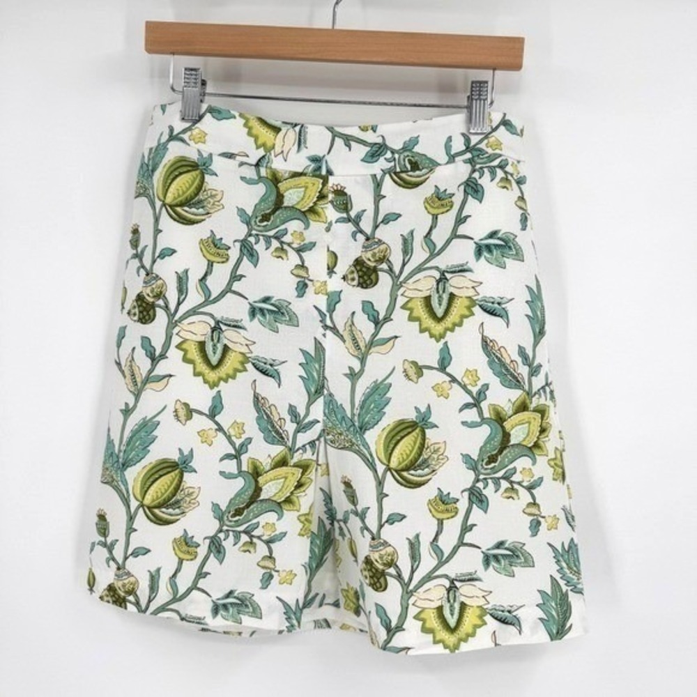 LOFT White/Green Lotus Flower A-Line Linen Blend Midi Skirt Women's Sz 6